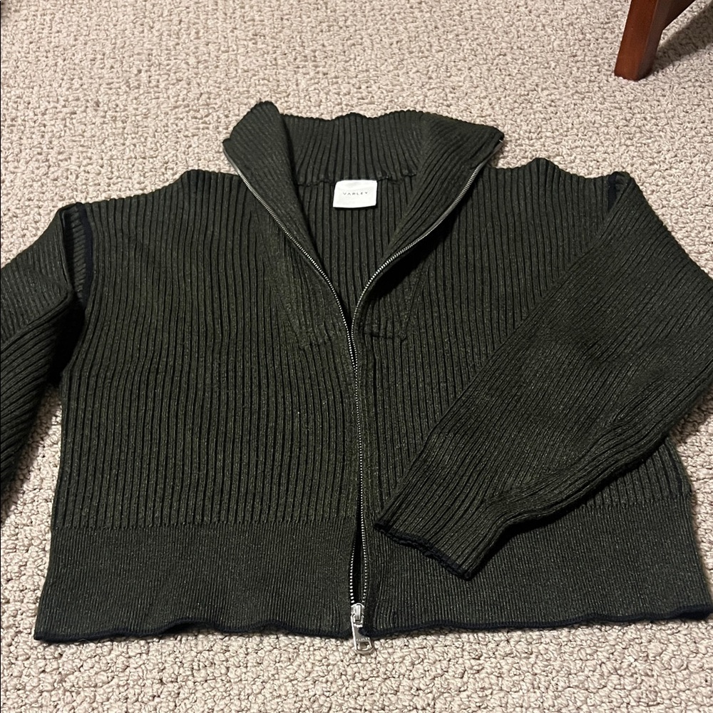 Varley Olive Green Ribbed Zip-Up Sweater Cardigan